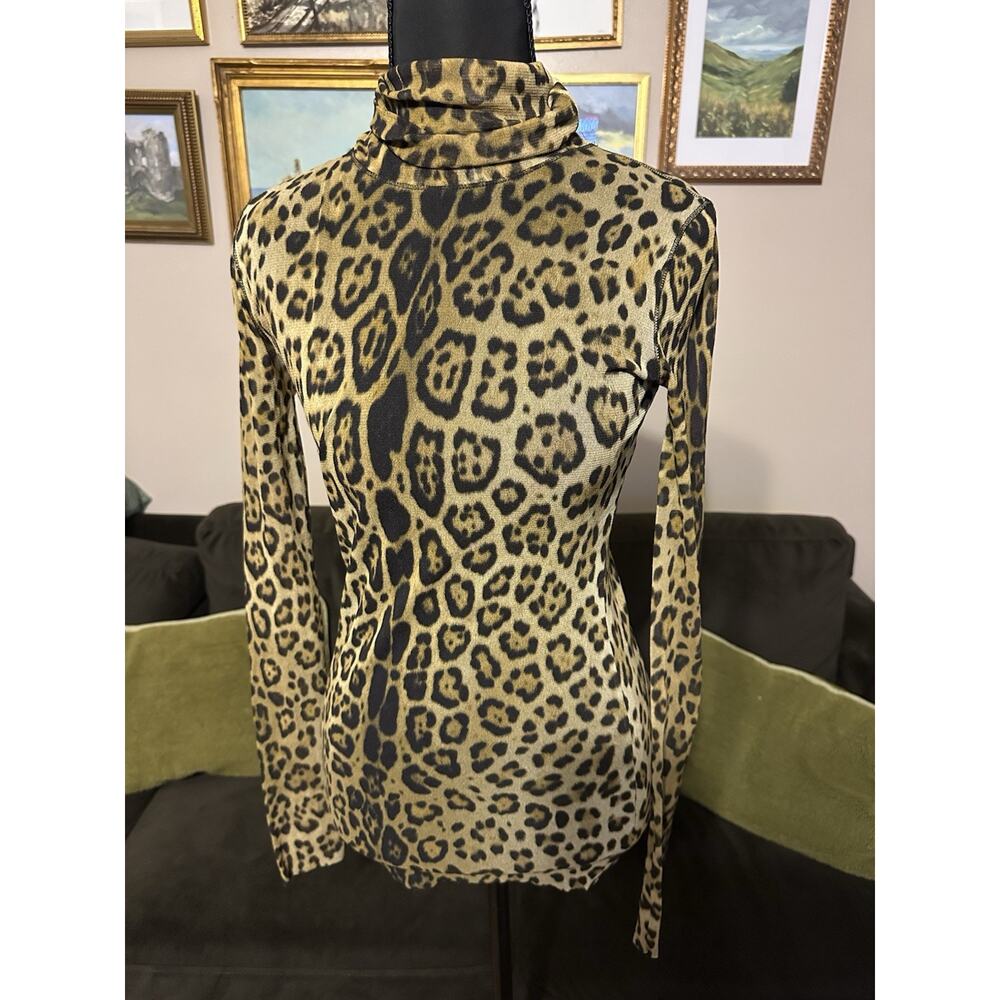 Fuzzi Leopard Print Mesh Long Sleeve Top Size Large Stretch Italy Y2K Turtleneck